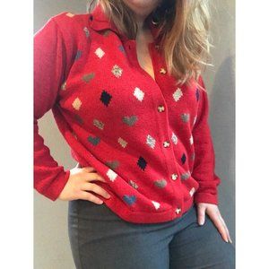 Vintage Koret City Blues Red Heart Pattern Cotton Knit Cardigan Sweater